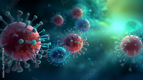 HIV virus with red spikes on an abstract blue background with copy space. Immunodeficiency virus  AIDS medical laboratory research  Microbiology and virology.