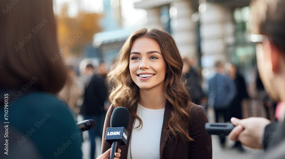 Young Professional Politician Woman Being Interviewed Live - TV Broadcast Press Conference Young Professional Politician Woman Being Interviewed Live - TV Broadcast Press Conference