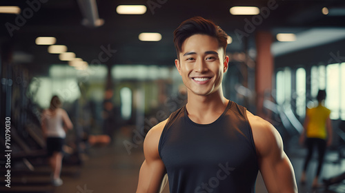  Muscular asian man in sportswear, fitness trainer smiling and looking at the camera on the background of the gym. The concept of a healthy lifestyle and sports. photo