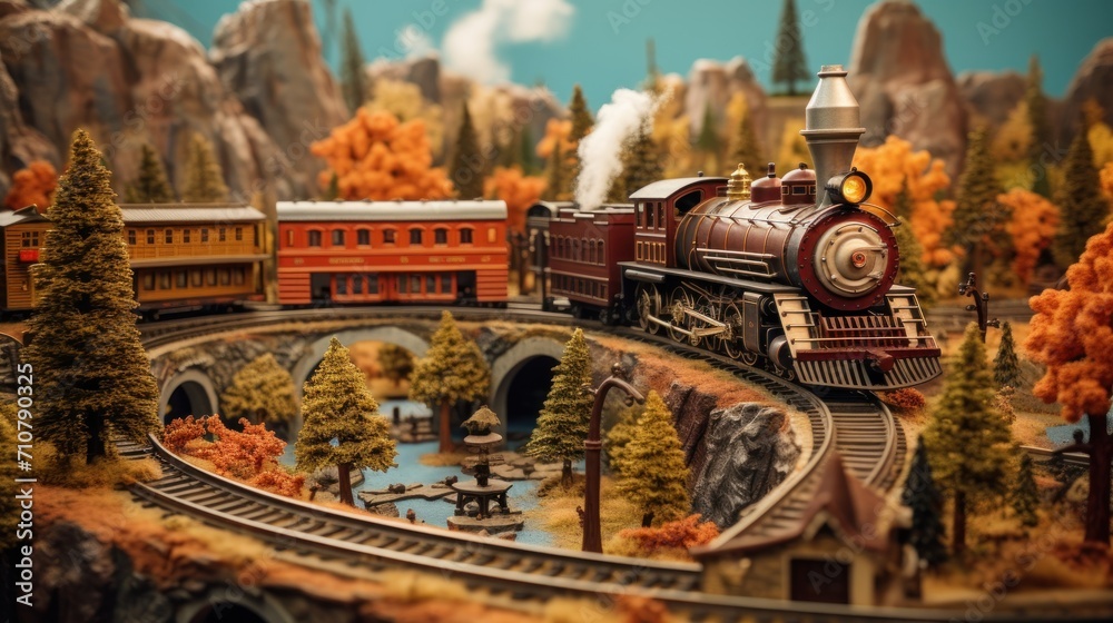  a model of a train on a train track with trees and mountains in the background and a bridge in the foreground.