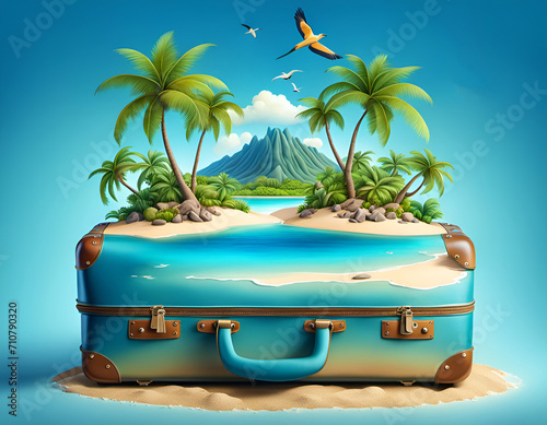 Illustration de voyage avec une île paradisiaque, palmiers et plage de sable dans la valise, sur un fond bleu uni - IA générative © CURIOS