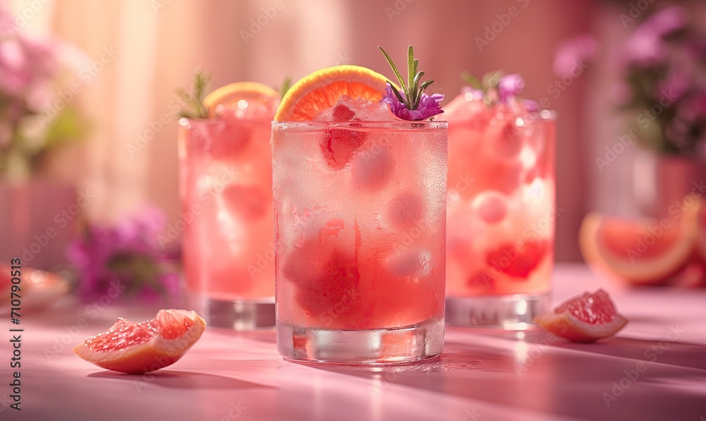 Pink background with pink transparent drink with ice. Pink background with pink transparent drink with ice.