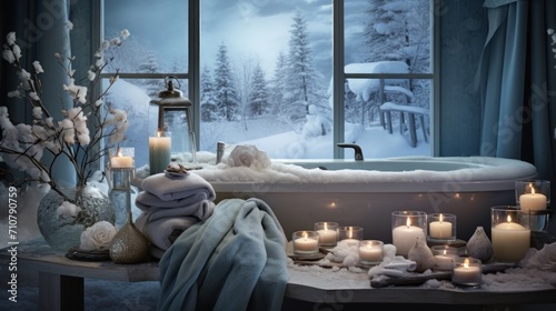  a bath tub sitting next to a window covered in snow next to a bunch of candles and a vase filled with flowers.