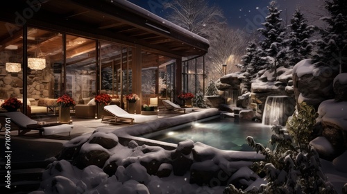  a house with a pool in the middle of it and a lot of snow on the ground in front of it.