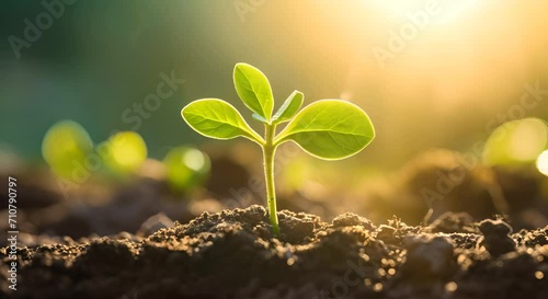 A young plant sprouting from rich soil against a backdrop of golden sunlight filtering through a green haze. photo
