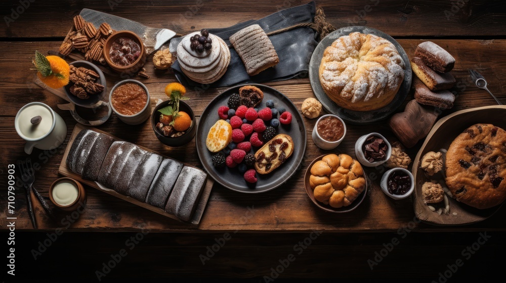 a table topped with lots of desserts and pastries on top of a wooden table next to a cup of coffee. a table topped with lots of desserts and pastries on top of a wooden table next to a cup of coffee.