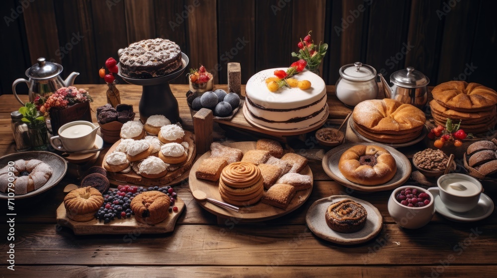  a wooden table topped with lots of different types of cakes and pastries next to cups of coffee and tea.