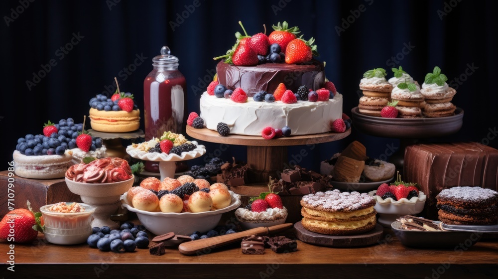  a variety of desserts and pastries on a wooden table with a blue curtain in the backround.