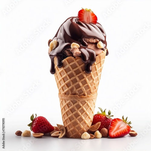 Chocolate ice cream with chocolate topping, strawberries and nuts in a crispy cone. Modern photo with professional lighting. Ice cream on white background.