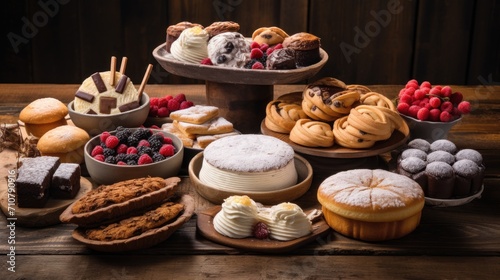  a table topped with lots of different types of cakes and pastries on top of a wooden table covered in powdered sugar.