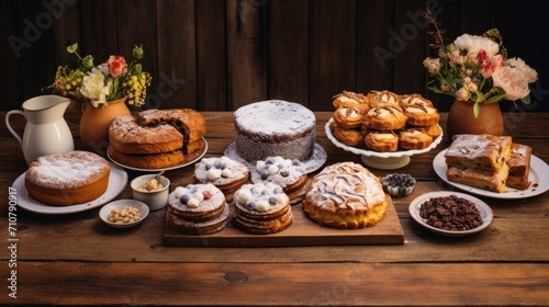  a table topped with lots of different types of cakes and pastries on top of a wooden table next to a vase of flowers.