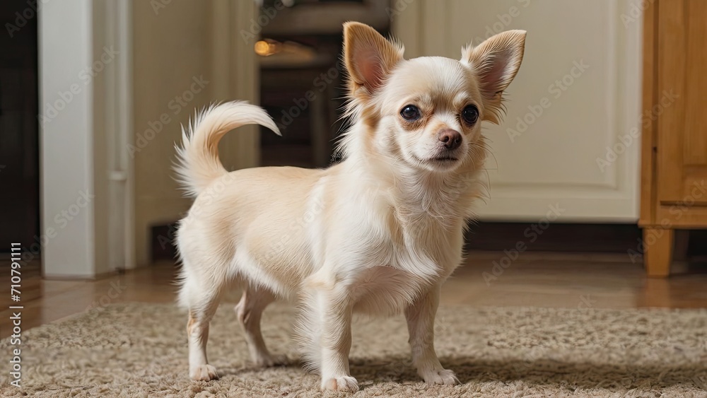 Cream long coat chihuahua dog in the living room