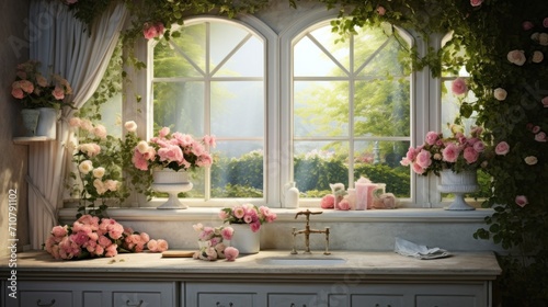  a painting of flowers on a window sill in front of a sink with a faucet next to it.