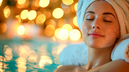 A happy woman takes a candlelit spa treatment.