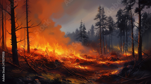 Forest fire. fallen tree is burned to the ground a lot of smoke when wildfire © alexkich