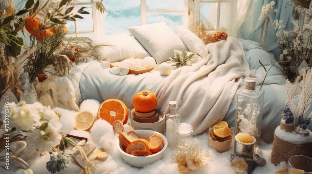  a bed covered in a blanket next to a window filled with oranges and other fruit and veggies.