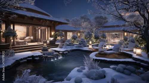  a winter scene of a house with a hot tub in the middle of the yard and snow on the ground.