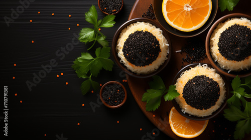 crackers with cream cheese red and black caviar, horizontal © alexkich
