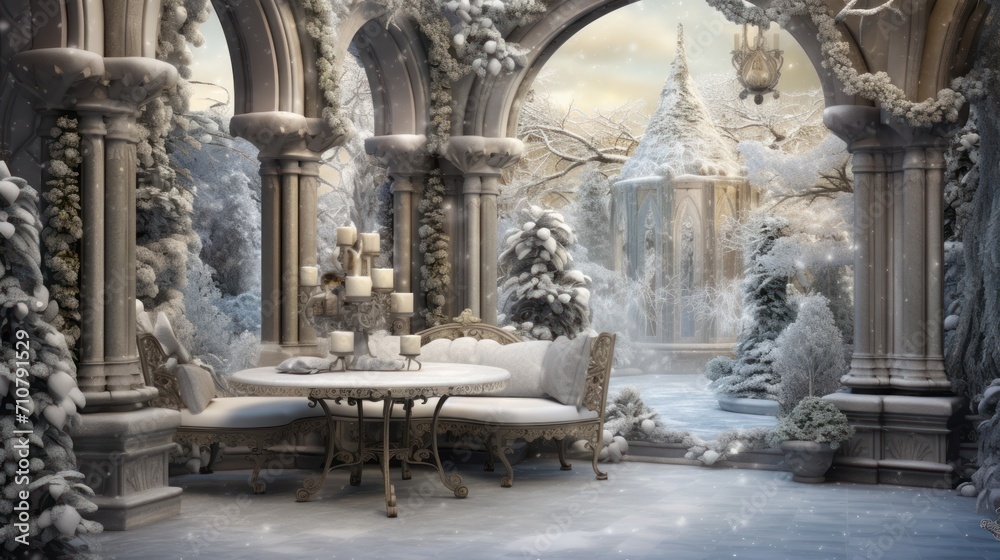 a room with a table, chairs, and a lot of snow on the ground and trees in the background. a room with a table, chairs, and a lot of snow on the ground and trees in the background.