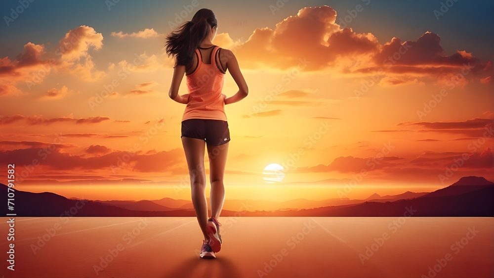 woman running on sunset, Sport success on sunset background