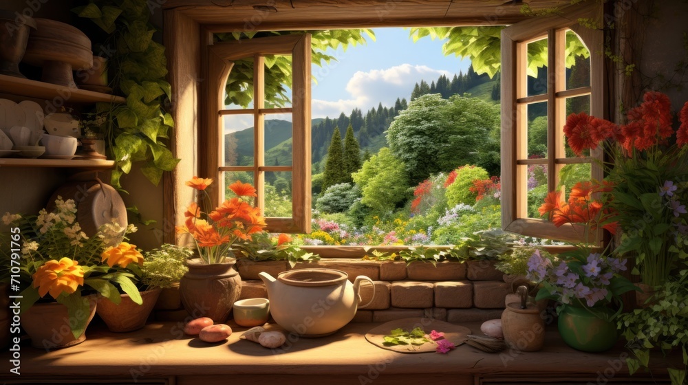  a painting of a potted plant in front of a window with a view of a forest outside of it.