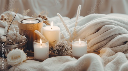  a couple of white candles sitting on top of a bed next to a basket of flowers and a cup of tea.