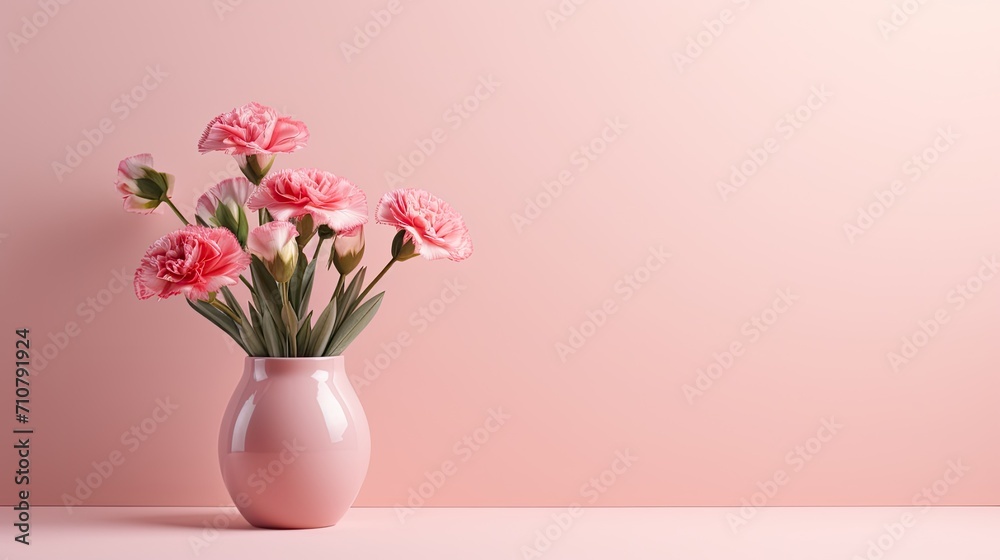 Mother's Day holiday greeting with a carnation bouquet on a pastel pink table background, a composition in a minimalist modern style, creating an aesthetically pleasing image.