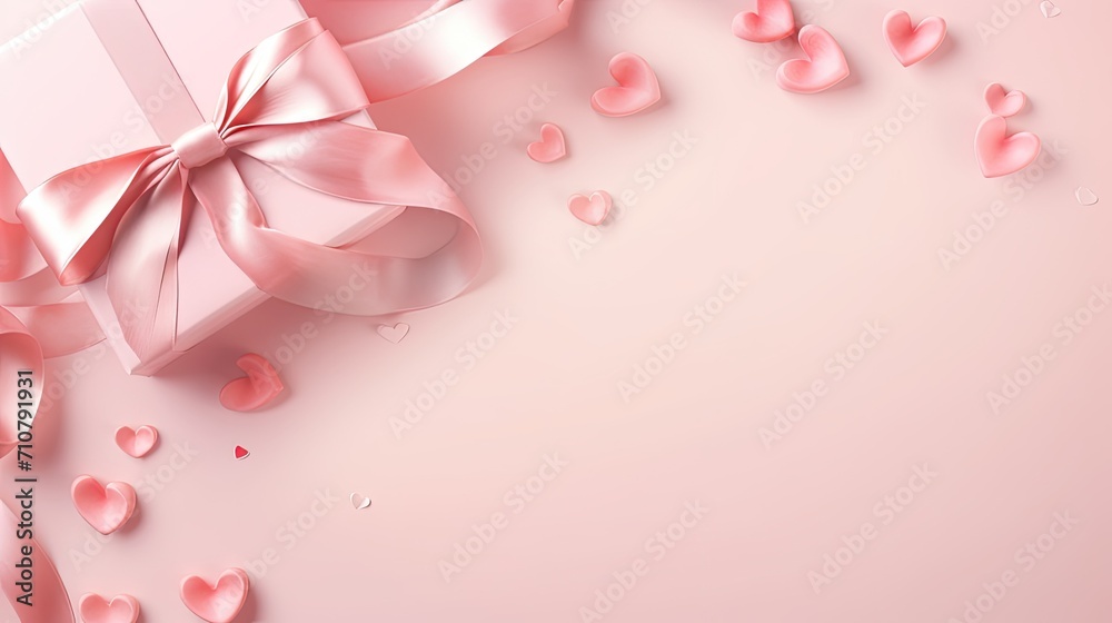 Valentine's Day decorations with a white gift box adorned with a pink silk ribbon bow and small hearts on an isolated pastel pink background, creating a visually pleasing image with copyspace.
