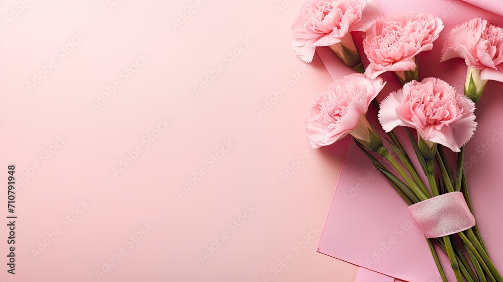 Mother's Day holiday greeting with a carnation bouquet on a pastel pink table background, a composition in a minimalist modern style, creating an aesthetically pleasing image. Mother's Day holiday greeting with a carnation bouquet on a pastel pink table background, a composition in a minimalist modern style, creating an aesthetically pleasing image.