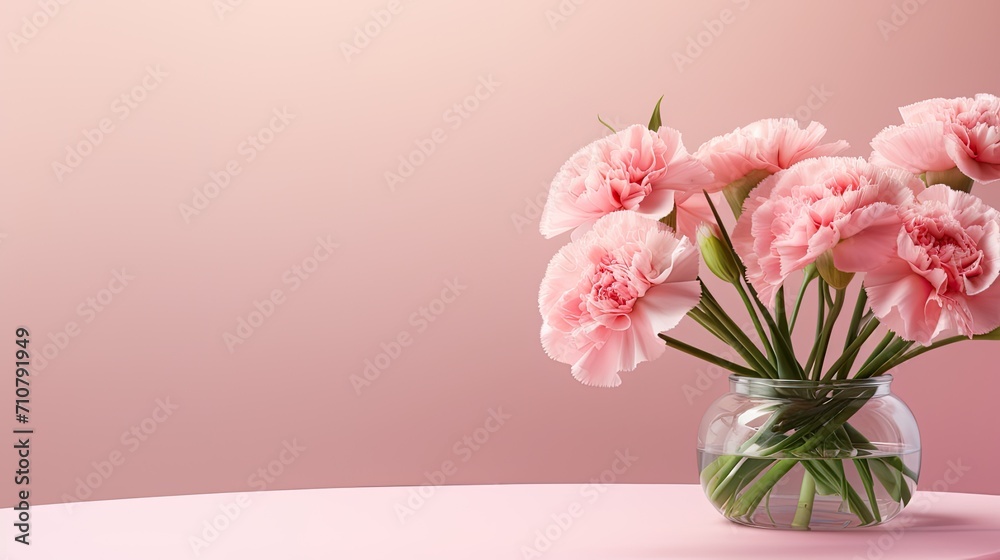 Mother's Day holiday greeting with a carnation bouquet on a pastel pink table background, a composition in a minimalist modern style, creating an aesthetically pleasing image.