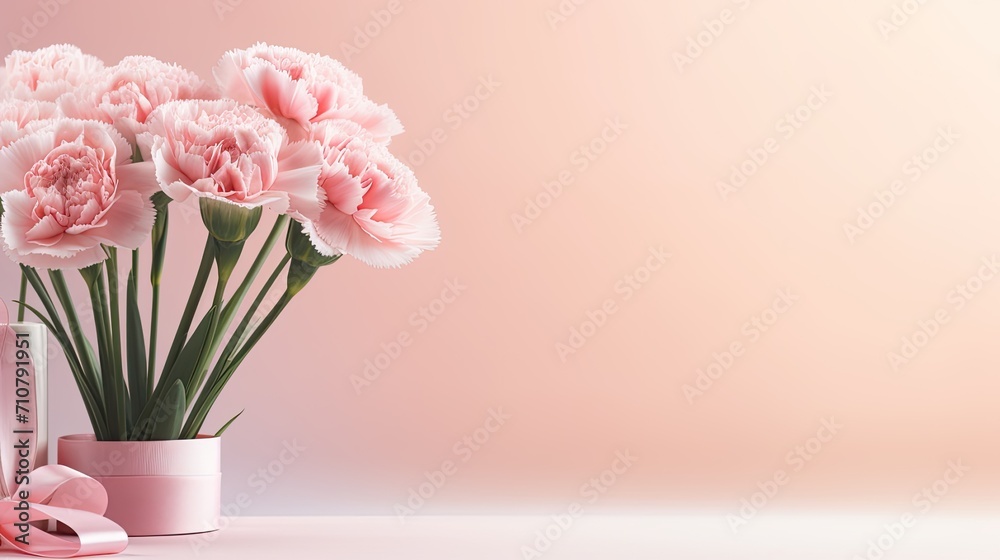 Fototapeta premium Mother's Day holiday greeting with a carnation bouquet on a pastel pink table background, a composition in a minimalist modern style, creating an aesthetically pleasing image.