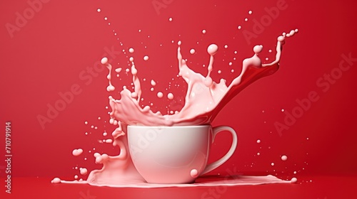  a splash of milk in a white cup on a red background with a splash of milk in the middle of the cup.