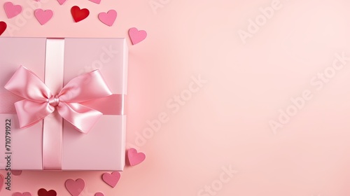 Valentine's Day decorations with a white gift box adorned with a pink silk ribbon bow and small hearts on an isolated pastel pink background, creating a visually pleasing image with copyspace. © Li