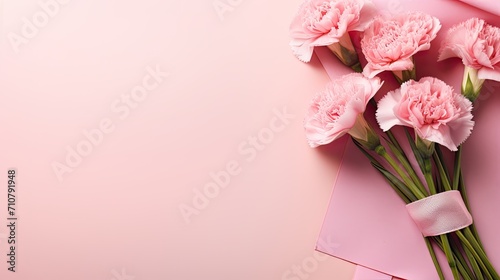 Mother's Day holiday greeting with a carnation bouquet on a pastel pink table background, a composition in a minimalist modern style, creating an aesthetically pleasing image. photo