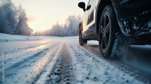 Snow and ice increase drifting while driving in winter. photo