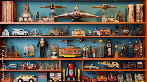  a collection of toy cars, trucks, and planes are on a shelf in front of a blue painted wall.