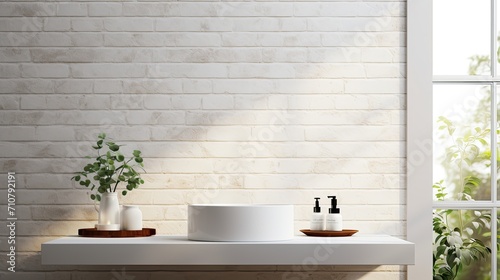 a bathroom table set against a white brick wall  a composition or scene in a minimalist modern style  emphasizing the clean lines and contemporary aesthetics of the bathroom space.