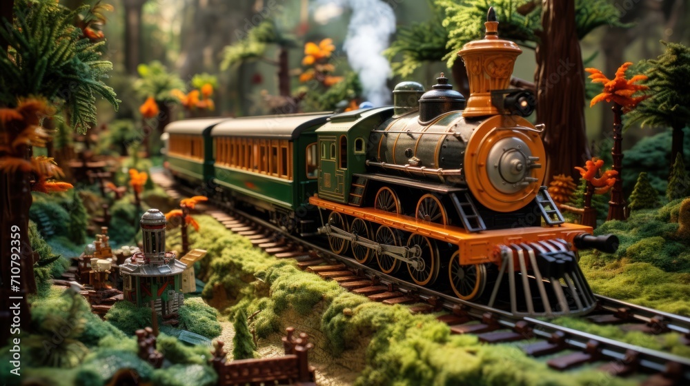  a toy train traveling through a forest filled with lots of trees and flowers on top of a lush green hillside.