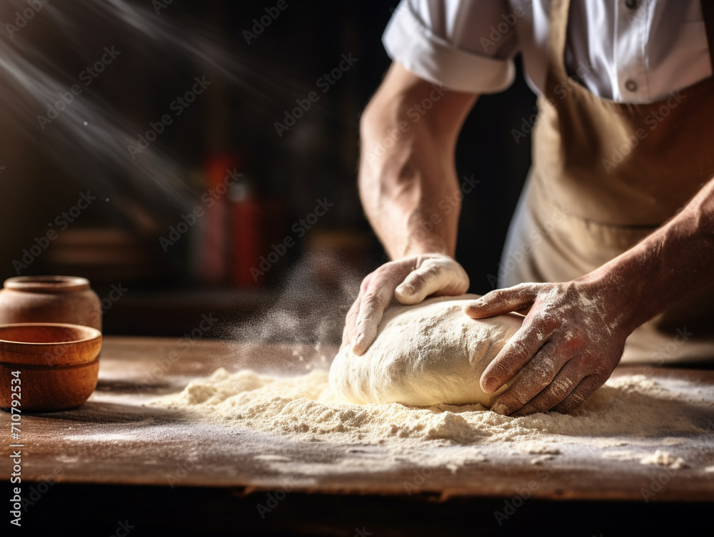 Baker kneading dough on a countertop. Close-up.