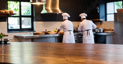 Empty Wooden table on blur chefs cooking in the kitchen background in Restaurant.