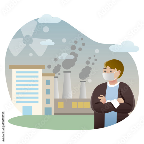 Air pollution illustration. Person, mask, factory, building. Editable vector graphic design.