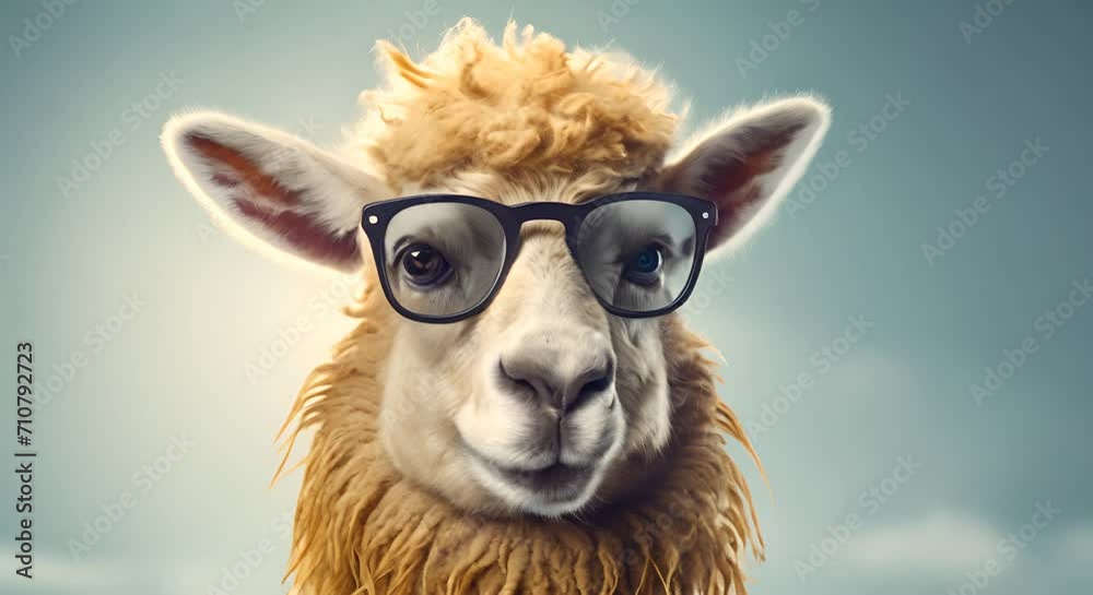 A comical llama with fluffy fur wearing a pair of oversized black glasses, against a sky backdrop.