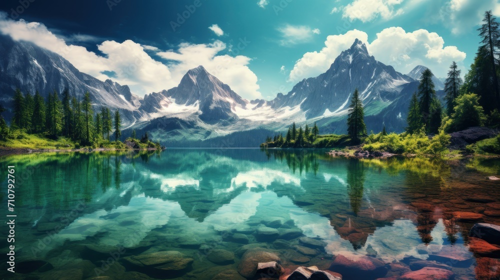  a painting of a mountain lake with rocks and trees in the foreground and a blue sky with clouds in the background.