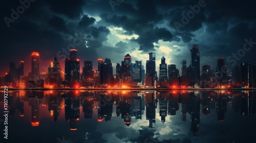  a view of a city at night from across a body of water with a reflection of the city in the water.