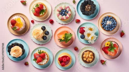  a table topped with plates filled with different types of cakes and desserts on top of blue plates next to strawberries, strawberries, raspberries, and blueberries.