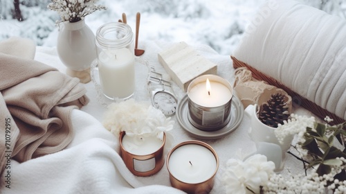  a couple of candles sitting on top of a table next to a pillow and a vase filled with white flowers.