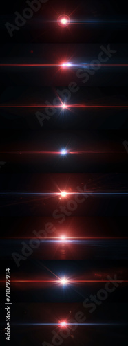 Red Optical Solar Light Lens Flare Effect Isolated On Black Background. Lens Flare Effects. Collection of lens flairs set against a black background. Sci-fi light burst
