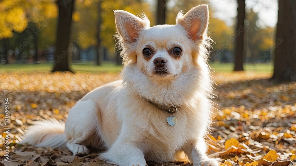 Cream long coat chihuahua dog in the park Cream long coat chihuahua dog in the park