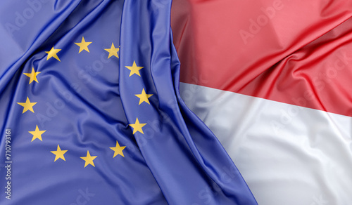 Ruffled Flags of European Union and Indonesia. 3D Rendering