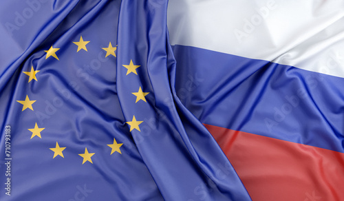 Ruffled Flags of European Union and Russia. 3D Rendering